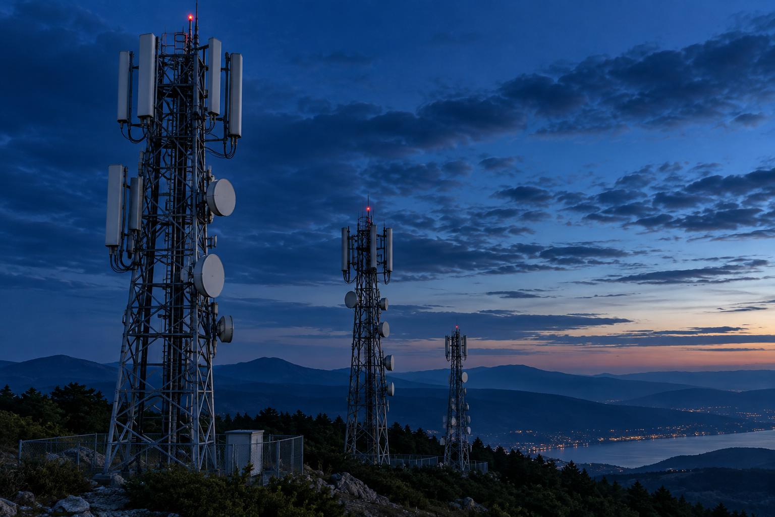 Telecommunications towers with antennas at dusk